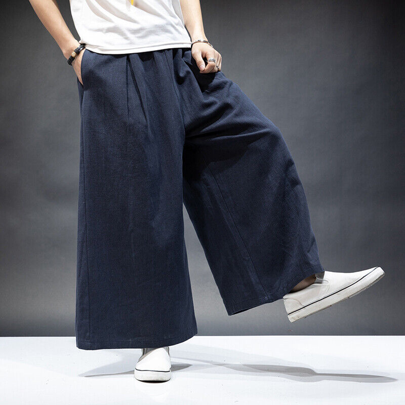 Japanese Wide-leg Pants Men Extra Baggy Cotton Linen Meditation Trousers  M-3XL L