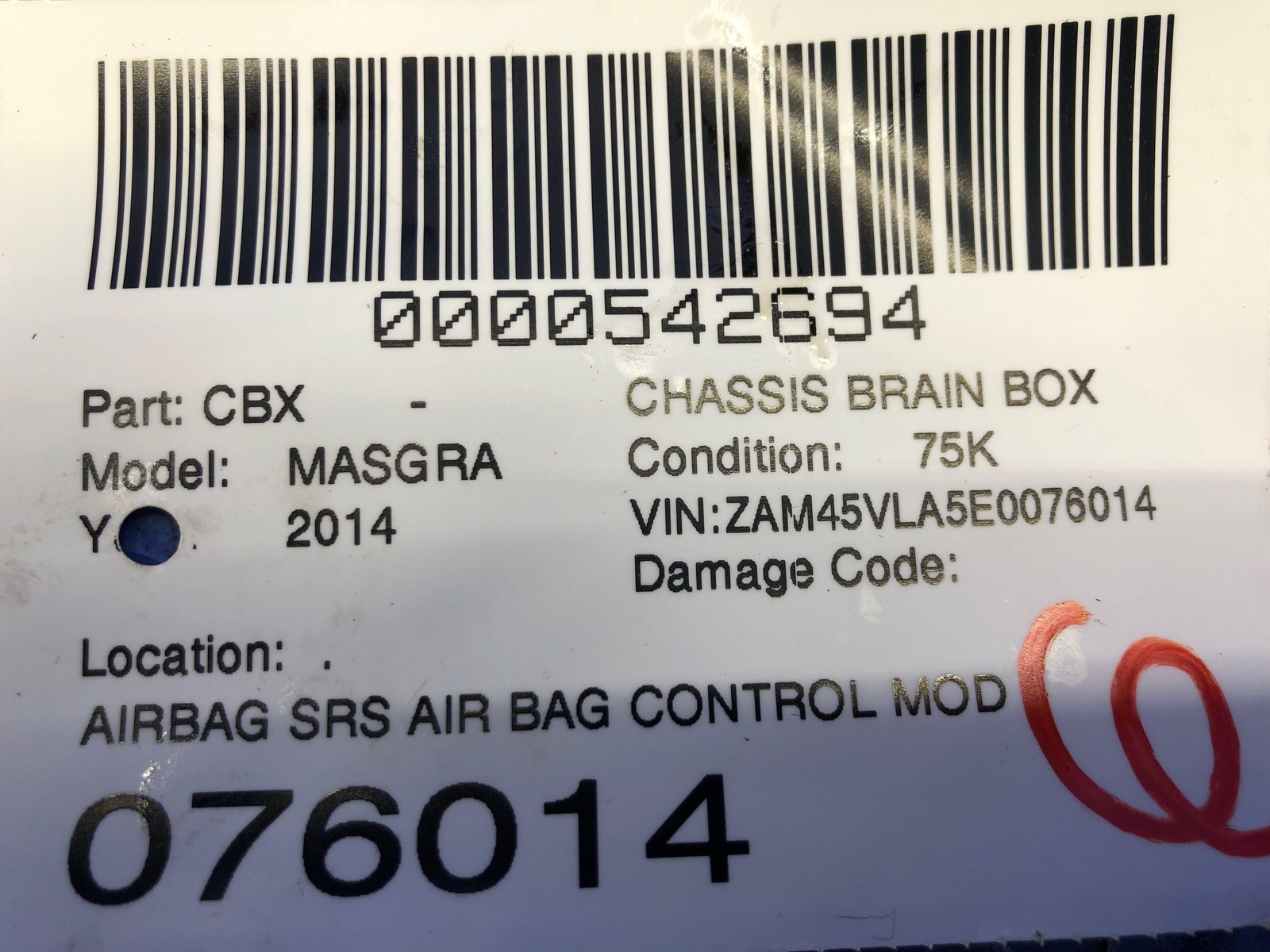 2008-2014 MASERATI GRANTURISMO OEM AIR SRS BAG CONTROL MODULE UNIT