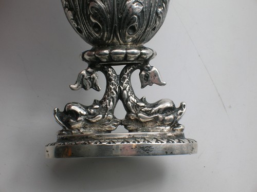 18TH C. PAIR OF LARGE HIGH GRADE SILVER FRENCH REPOUSSE CASTERS - 7" TALL - B/O - Picture 9 of 20