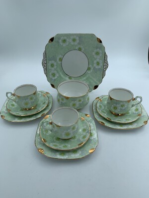 Vintage Phoenix China grün Blumen 3 Trios, Kuchenteller & Zuckerdose Sammlerstück