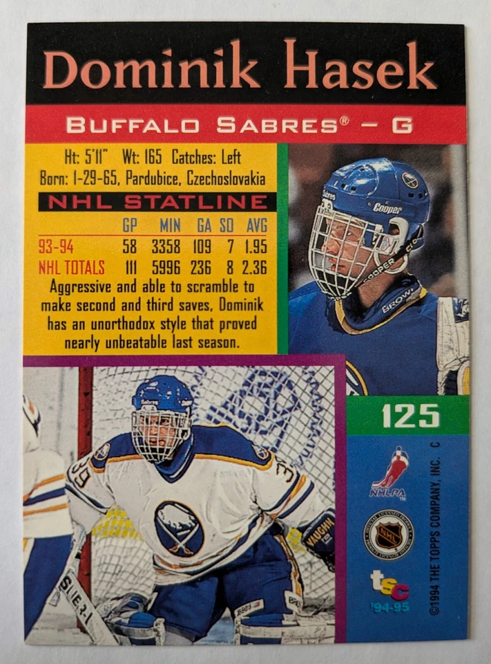 DOMINIK HASEK, 1994-95 TOPPS STADIUM CLUB #125, SABRES - Image 2 of 2