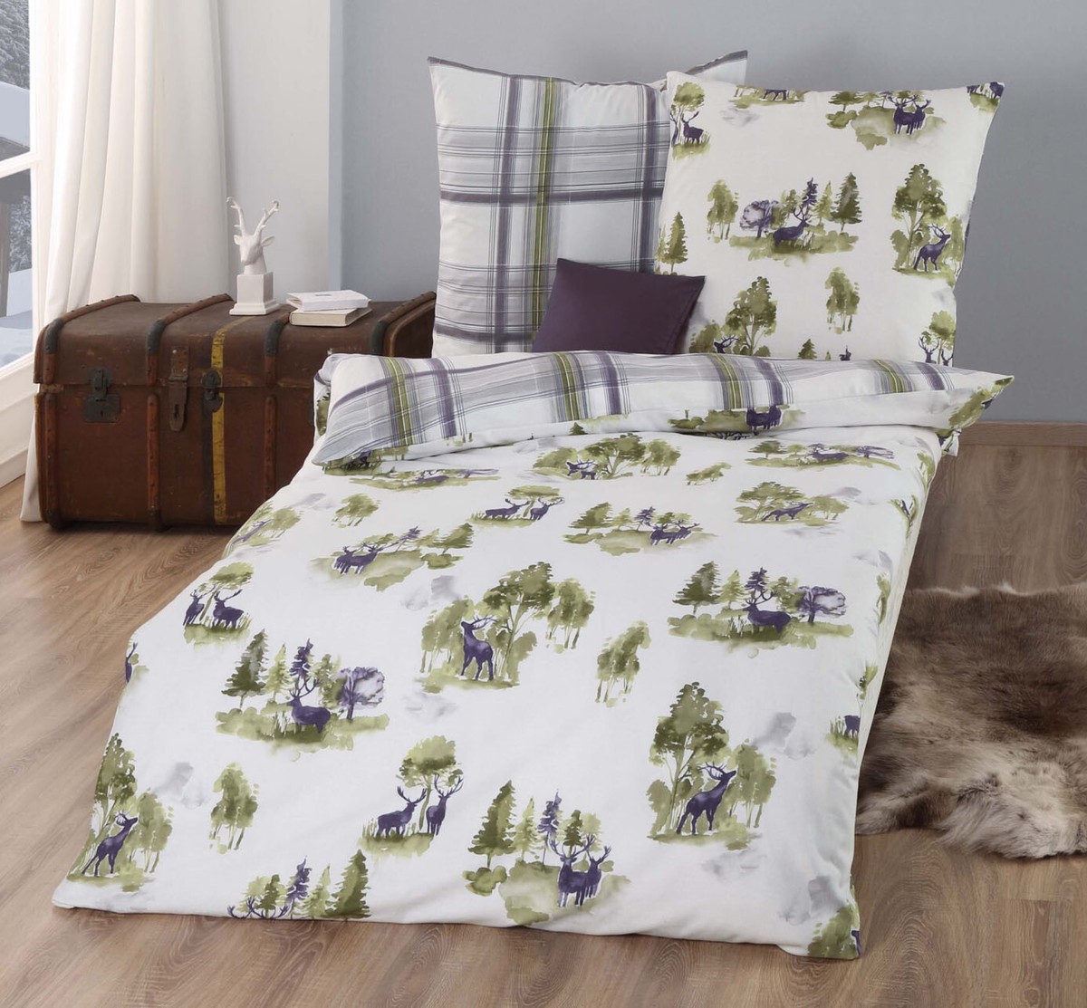 Feinbiber Wendebettwäsche 135x200 80x80 cm Hirsch und