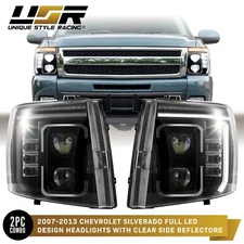 Full LED DRL Bar Projector CLEAR Corner Headlight Set for 07-13 Chevy Silverado