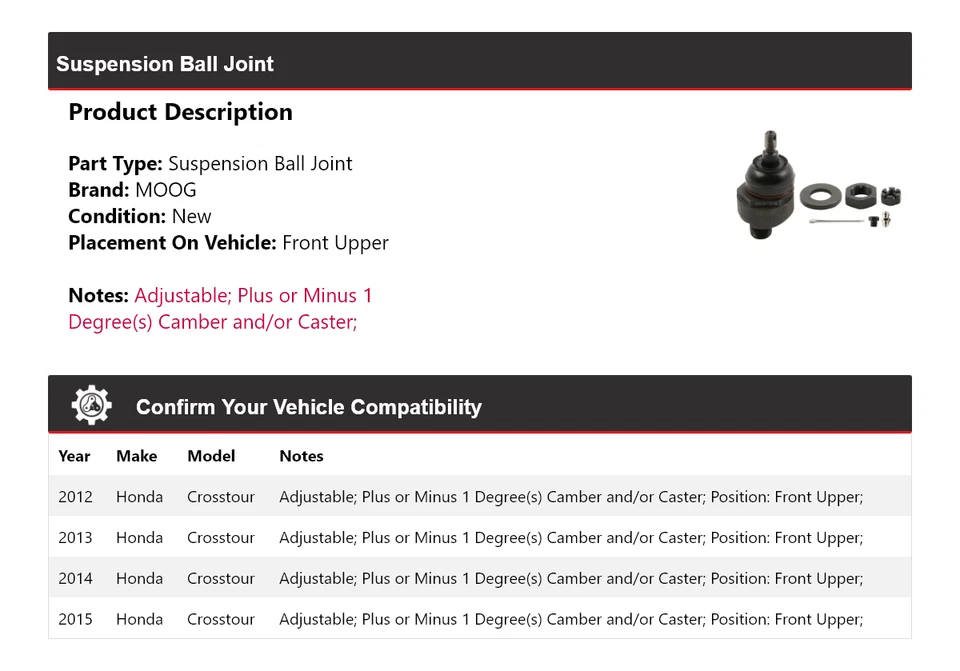 Шаровой шарнир передней верхней подвески для Honda Crosstour 2012-2015 годов выпуска MOOG 2012 2013 годов выпуска - Изображение 2 из 4