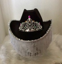 COWBOY HAT WITH WHITE FRINGE AROUND THE BAND OF HAT  SILVER TIARA PARTY 