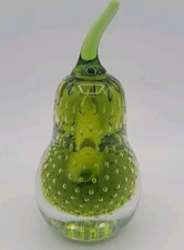 Vintage Rainbow Art Glass Bullicante Bubble Sommerso Green Pear Paperweight