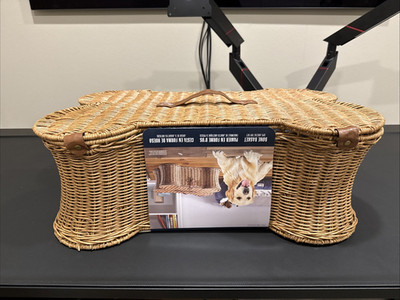 Large Dog Bone Shaped Pet Storage Wicker Basket Leather Strap Handle 23 X 15 x 8