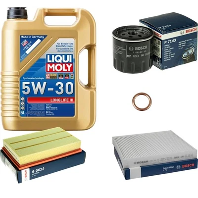 BOSCH, LIQUI MOLY BOSCH Inspektionspaket 5 L Liqui Moly Longlife 3 5W-30 für VW T-ROC 1.5 TSI