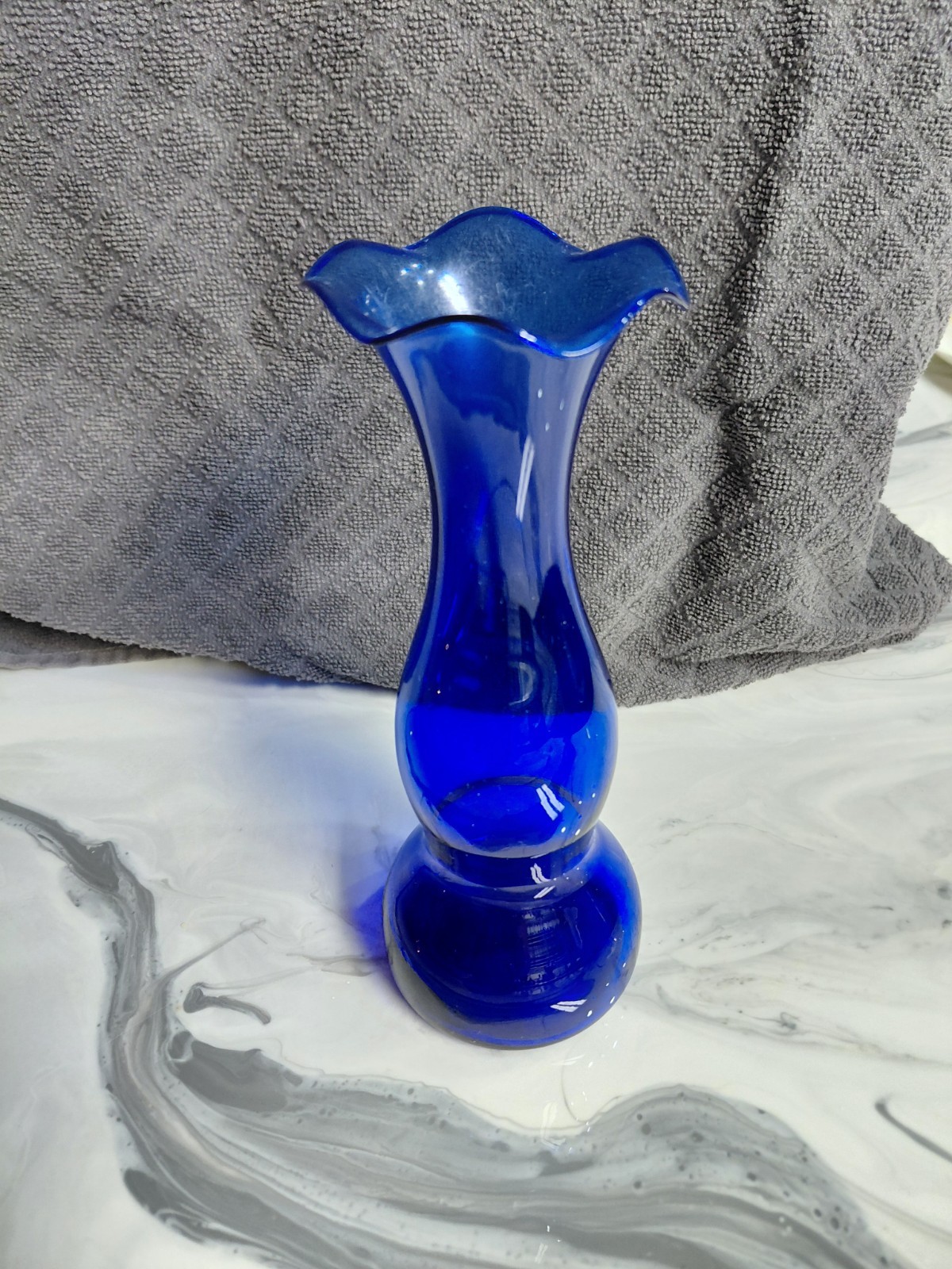 Small Cobalt Blue Glass Bud Vase with Ruffled Rim Hand Blown, Vintage