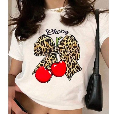 Cherry Leopard Bow Coquette Baby Tee Womens Y2K Slim Fit Crop Top Aesthetic S-L