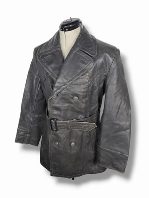 Gelmok Vintage Zweireiher Lederjacke mit Gürtel Herren M dunkelbraun Offizier