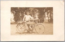 Vintage 1910s Real Photo RPPC Postcard Happy Guy with HARLEY-DAVIDSON MOTORCYCLE