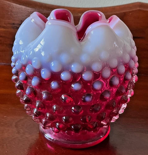 Fenton Pink Cranberry Hobnail Opalescent Crimped Footed Art Glass Rose Bowl Vase