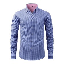 Mens Dress Plaid Shirts Print Formal Business Long Sleeves Elastic Casual Shirts