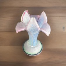 Art Glass Hand Blown Pink Blue Green Swirl Flower Petal Shape Vase 8 Inch