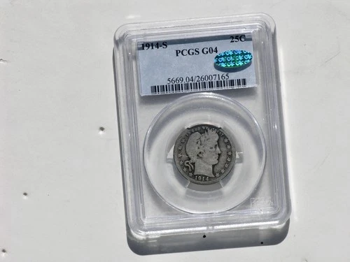 1914-S GO4 BARBER QUARTER GREEN BEANIE SILVER PCGS G04 $1  Coin Graded US United