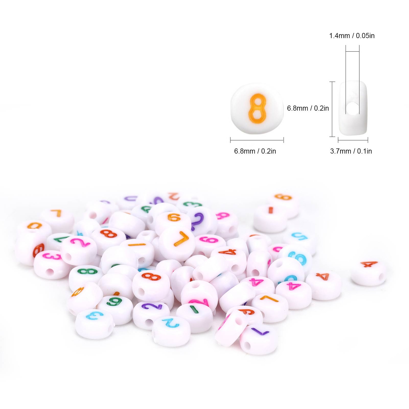300Pcs Round Number Beads White Colorful Smooth Acrylic Figure Beads Jewelry