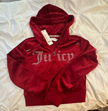 Juicy Couture Women s Red Velour Full Zip Hooded Hoodie XS Rhinestone Logo