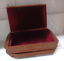 Vtg Carved Tramp Art Wood Jewelry Box Red Velvet Lining Hinged Lid