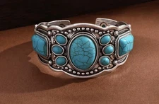 Turquoise Cuff Bracelet Western Boho Silvertone Jewelry
