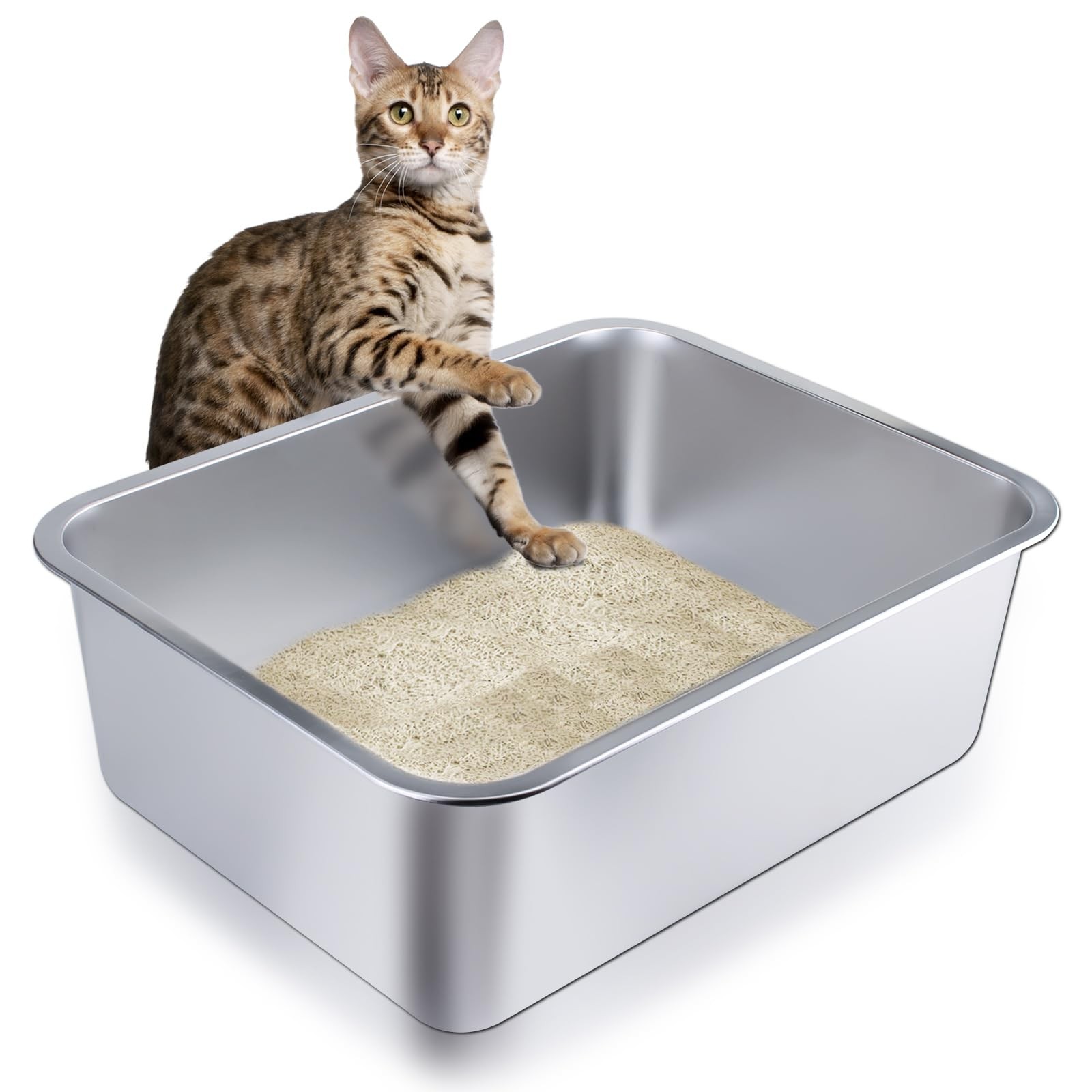 Stainless Steel Cat Litter - Metal High-Sided Litter Pan for Cats, Rabbits, a...