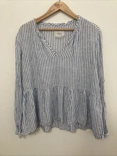 RAILS XL COMFY LINEN BLEND BLUE & WHITE STRIPED Raylyn Fremont Boho Blouse Top