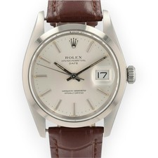 Rolex Mens Date 1500 Stainless Steel Silver Index Dial Brown Leather Band Watch