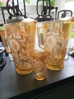 2Jeannette Marigold Carnival Glass Pitchers and 1 Tumbler Set Vintage Iridescent