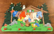 Vtg Nursery Wall Art with Pegs Blue Birds Papa Elf 15 x 10 Primary Colors Wood