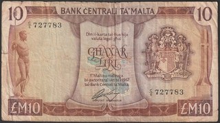 Malta Banknote 10 Pounds £10 15 January 1973