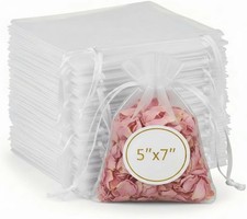 100pcs Organza Bags 5''x7'' - White Sheer Mesh Drawstring Bags for Jewelry,