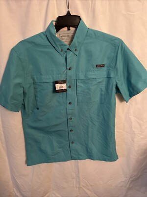 $60 Eddie Bauer Men's Ripstop Guide Short Sleeve Shirt- Turquoise -Medium-New