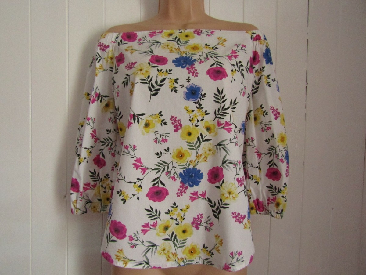New Look White Stretch Off the Shoulder Bright Floral Print Top