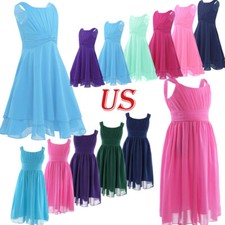 Kids Girls Sleeveless Chiffon Dress High Waist Flower Wedding Formal Party Dress