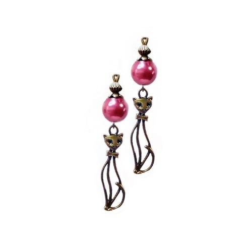 Earrings Boho vintage style cat charm and pearl, COLOR CHOICE clip on or pierced - Picture 17 of 20