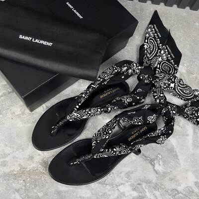 Saint Laurent Dalas Bandana-print Open Sandals Black Fabric 10 US or 40 EUR