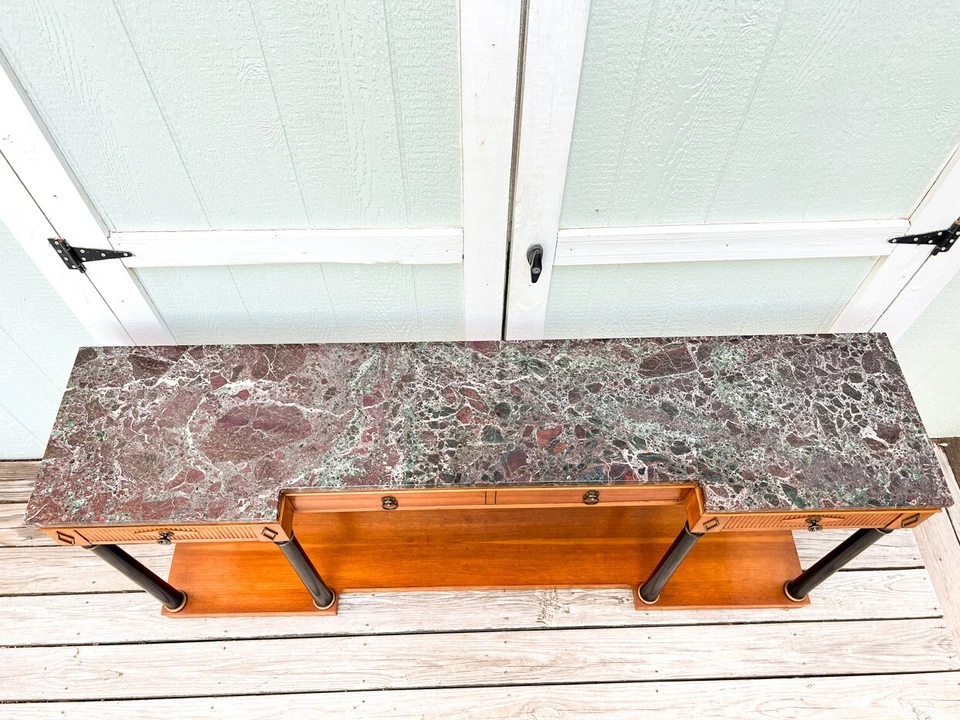 Mesa sofá consola Biedermeier vintage años 60 Widdicomb con tapa de mármol cerezo Foto 3 de 4