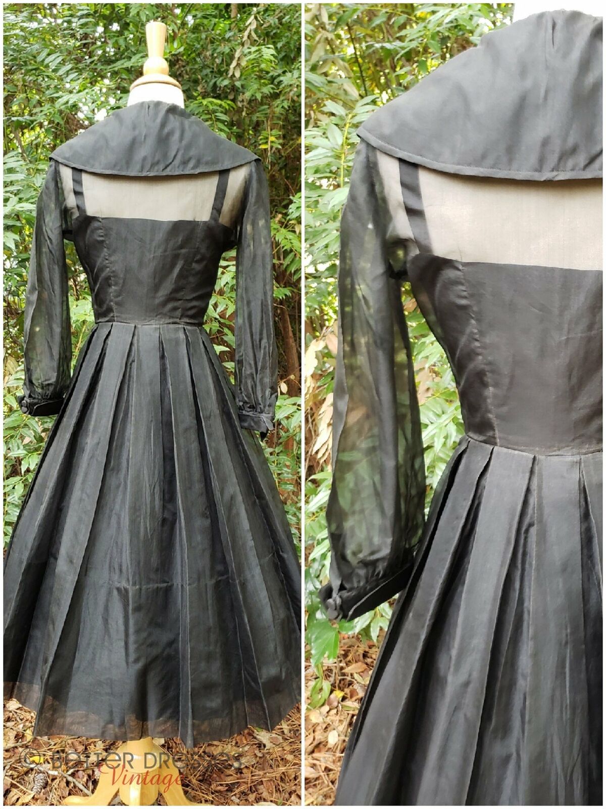 Vintage 40s 50s Party Dress in Black Silk Organza… - image 2