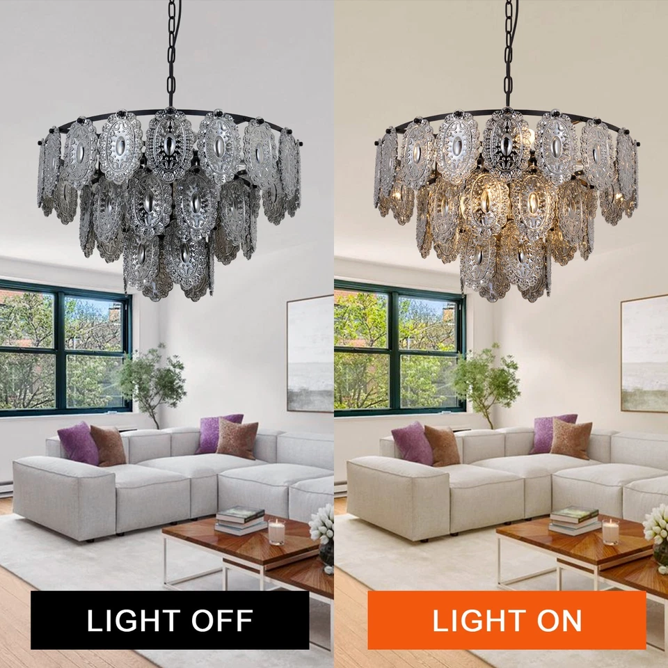 Lámpara colgante vintage de cristal gris de 3 capas de 8 luces con escudo de vidrio de 23,6" Foto 4 de 4