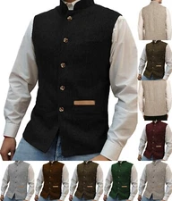 Mens Stand-Up Collar Tweed Vest Herringbone Waistcoat Vintage Retro Wool Wedding