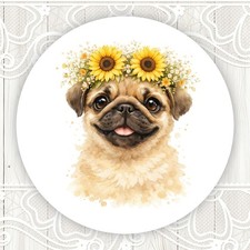 Cute Watercolor Pug with Flowers Stickers Round Matte Labels Seals