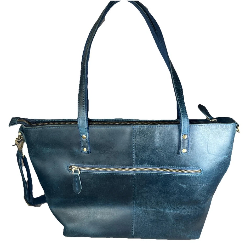 S-Zone Leather Work Laptop Travel Tote Bag Blue Top Zipper w Trolley Strap - Image 2 of 4