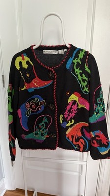 Vintage Michael Simon Cowboy Boot Beaded Cardigan Sweater Women s Size 2