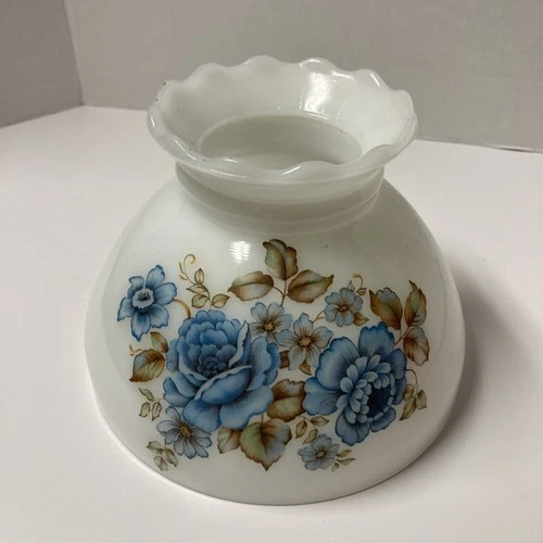 Vintage White Milk Glass Oil/Electric Lamp Shade Globe Fluted Blue Floral