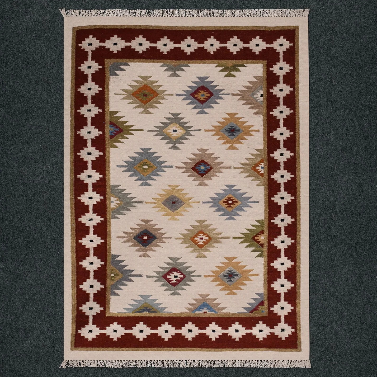 Geometric Handwoven Cotton/Wool Dhurrie Rug Color Beige and Brown Carpet Rug
