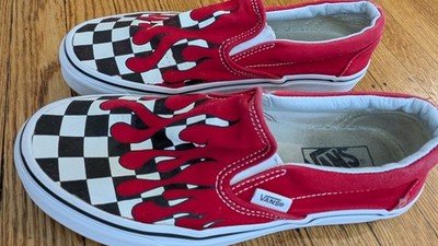 Vans Classic Slip-On Red Flame Checkerboard Skate Shoes Mens Boys 6 Women's 7.5 