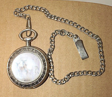 Silver Tone Full Hunter Quartz Pocket Watch w/ Chain, White Dial Arabic Numerals