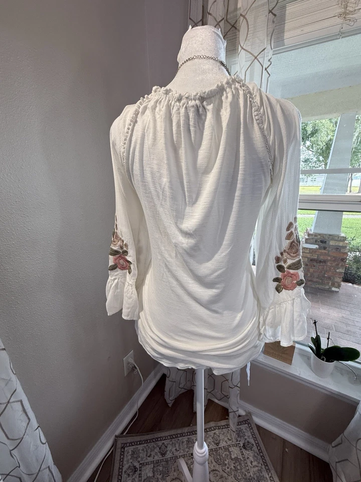 Blusa Vintage America Blu Mujer Grande Boho Campesina Top Bordada Manga Campana  Foto 4 de 4