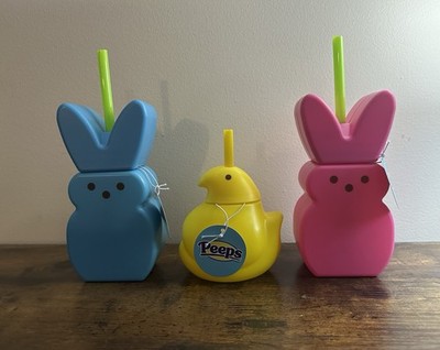 3 NEW Easter PEEPS tumbler cups with straws pink & blue bunny yellow chic 14 oz