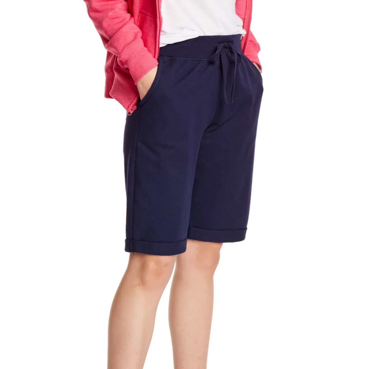 New Hanes Women's French Terry Navy Blue Bermuda Shorts With Pockets Medium